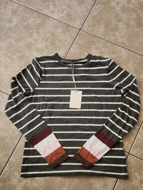 POINT Striped Long Sleeve Tee with Colorblock Cuffs - Olive & Multicolor